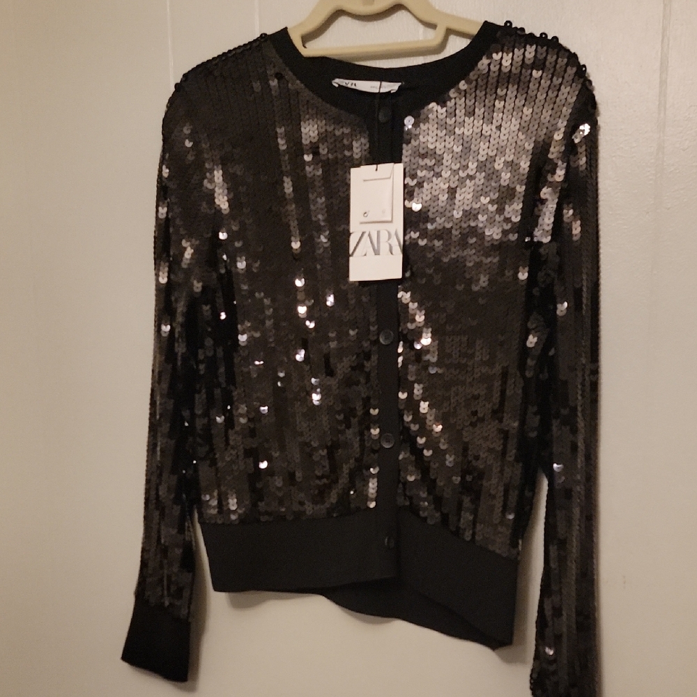 Zara Black Sequin Button Down Shirt